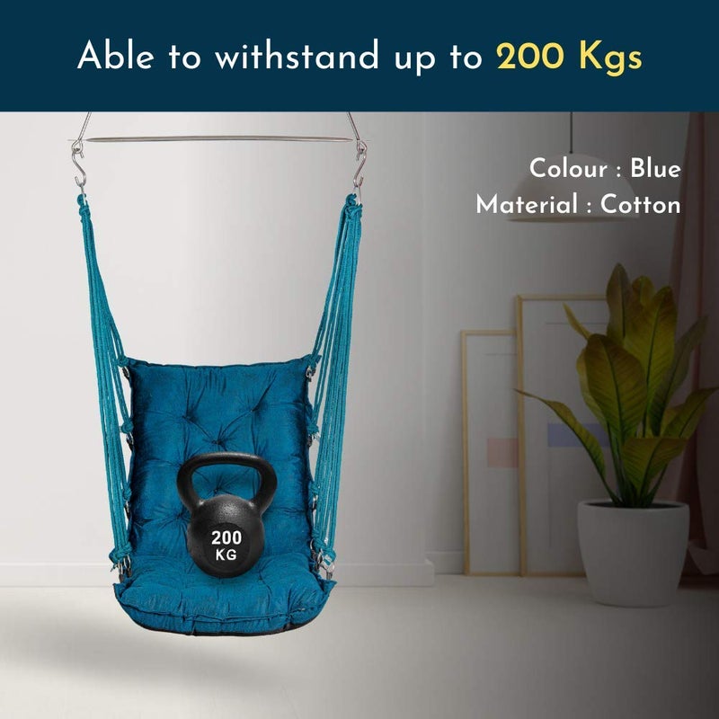 SWINGZY كرسي هزاز سوينغزي من الجلد الناعم والمخمل معلق للبالغين للداخل والخارج سعة وزن 200 كجم باللون الأزرق مع ملحقات تعليق مجانية من القطن - Image 3