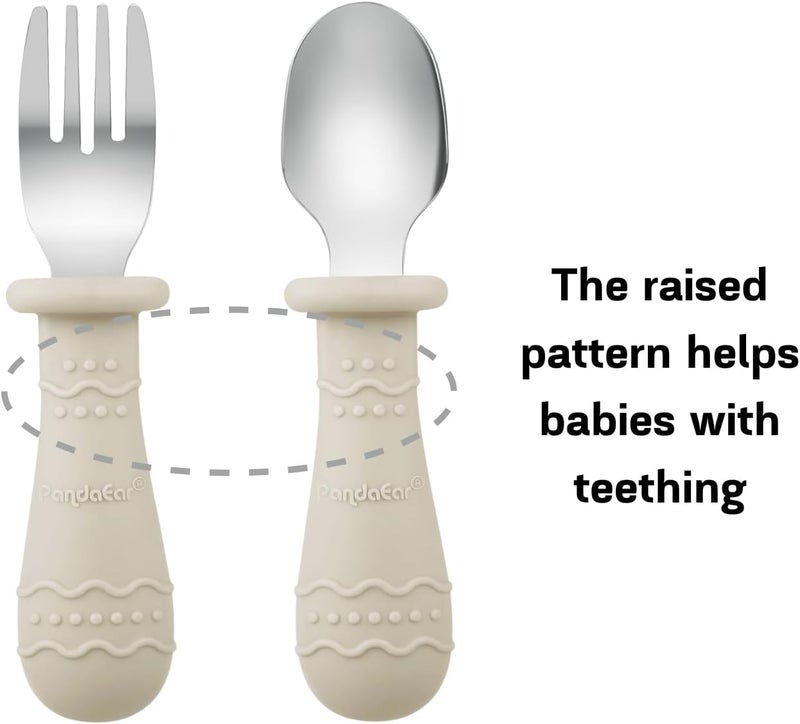 PandaEar طقم أطباق وأدوات تناول الطعام للأطفال من باندا إير 6 قطع، طقم أطباق سيليكون للأطفال 2 قطعة مع شفط و4 ملاعق وشوك من الفولاذ المقاوم للصدأ، طقم أدوات تناول الطعام للأطفال، أطباق للأطفال - Image 5
