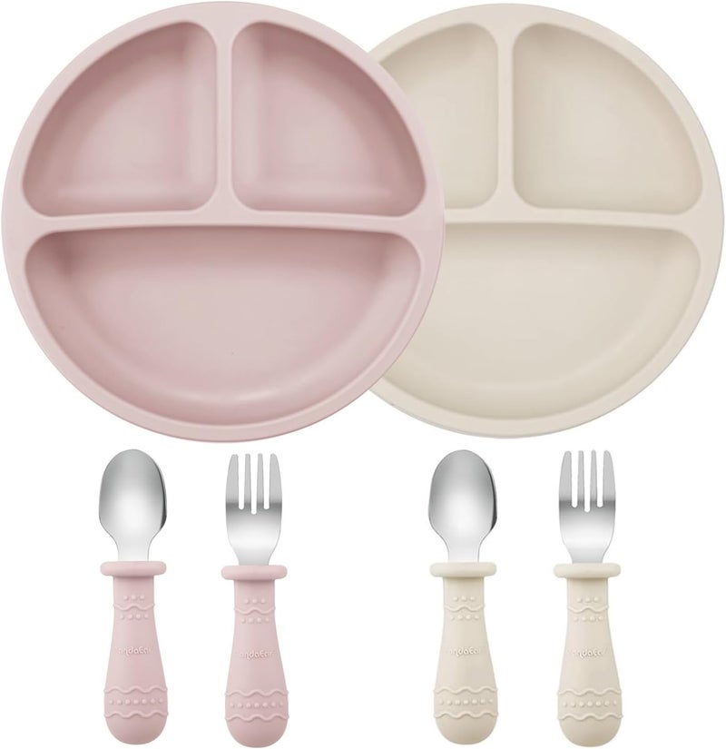 PandaEar طقم أطباق وأدوات تناول الطعام للأطفال من باندا إير 6 قطع، طقم أطباق سيليكون للأطفال 2 قطعة مع شفط و4 ملاعق وشوك من الفولاذ المقاوم للصدأ، طقم أدوات تناول الطعام للأطفال، أطباق للأطفال - Image 1