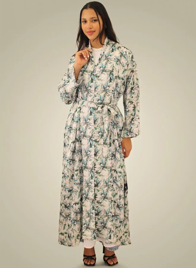 JAMEELA White & Green Tropical Floral Printed Satin Belted Open Abaya