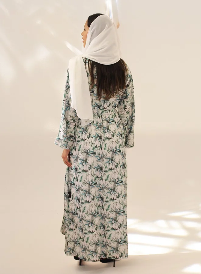 JAMEELA White & Green Tropical Floral Printed Satin Belted Open Abaya