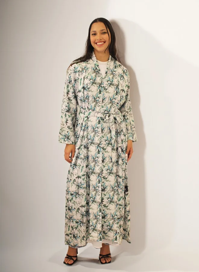 JAMEELA White & Green Tropical Floral Printed Satin Belted Open Abaya