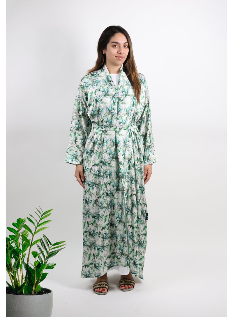 JAMEELA White Floral Printed Satin Open Abaya – Dark Pattern - Image 1