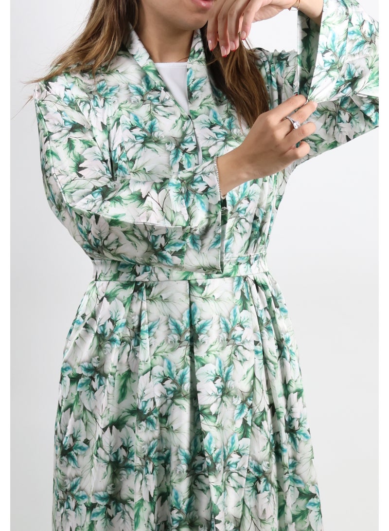 JAMEELA White Floral Printed Satin Open Abaya – Dark Pattern - Image 2