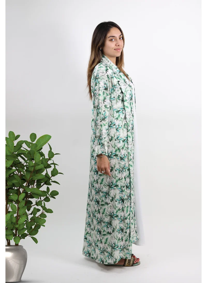 JAMEELA  White Floral Printed Satin Open Abaya – Dark Pattern for Women | Best Price UAE