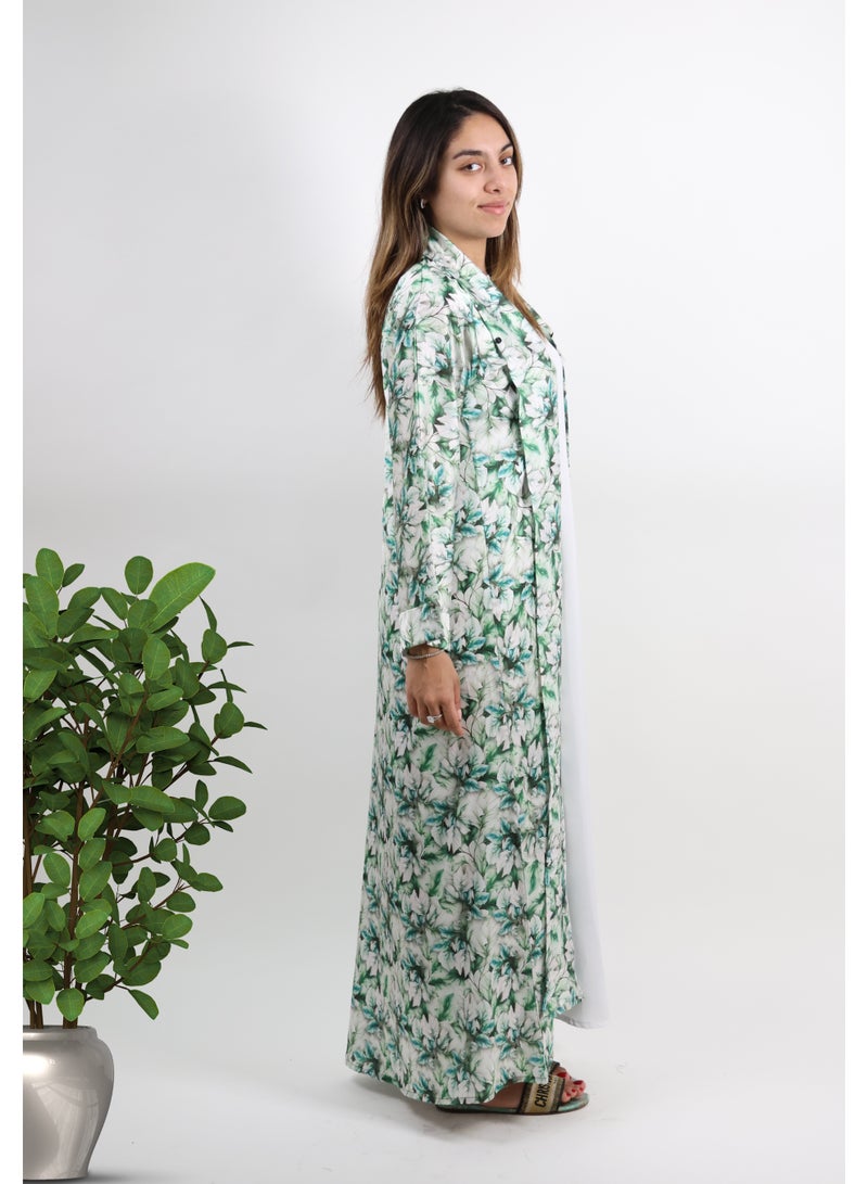 JAMEELA White Floral Printed Satin Open Abaya – Dark Pattern - Image 4