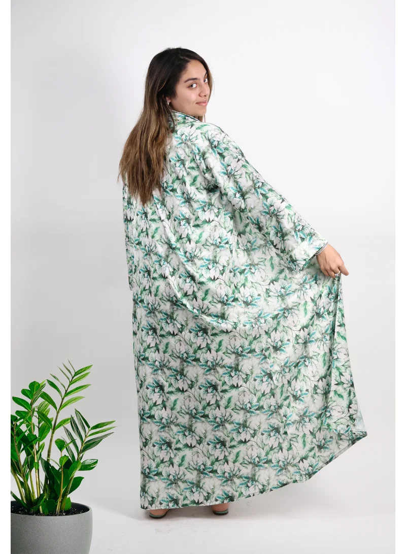 JAMEELA  White Floral Printed Satin Open Abaya – Dark Pattern for Women | Best Price UAE