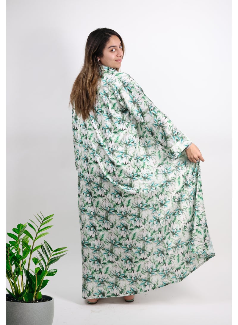 JAMEELA White Floral Printed Satin Open Abaya – Dark Pattern - Image 5
