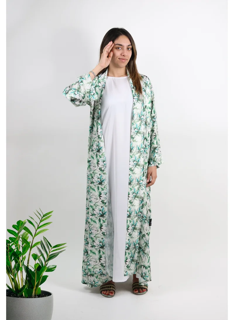 JAMEELA  White Floral Printed Satin Open Abaya – Dark Pattern for Women | Best Price UAE