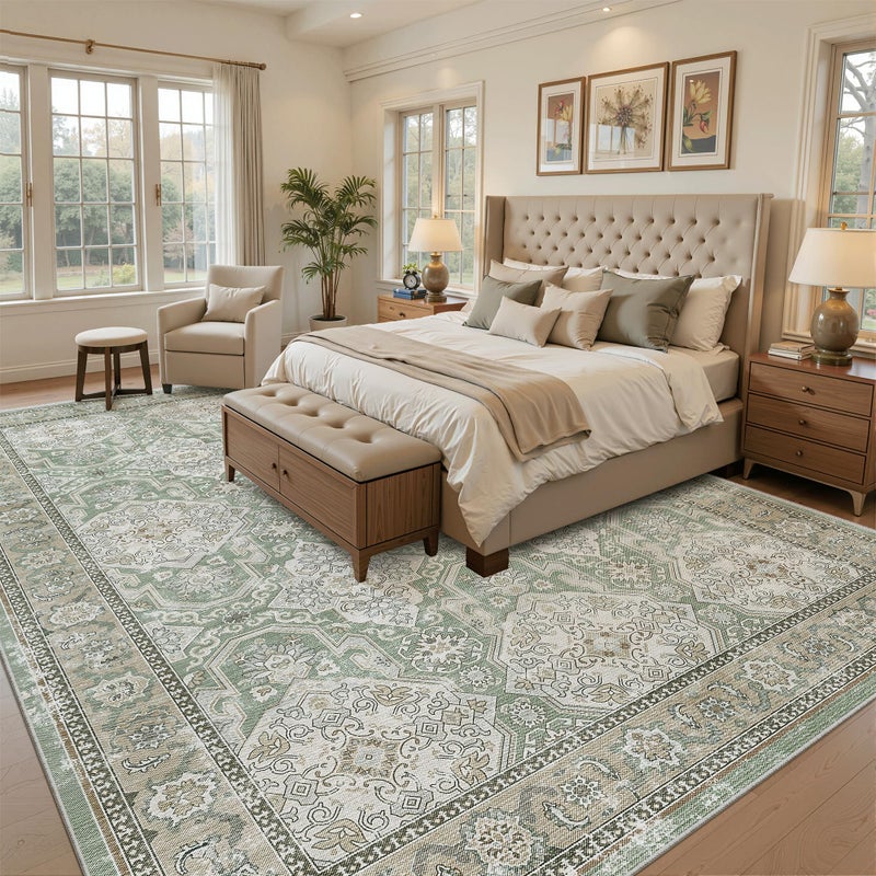 Soalmost 8x10 Area Rugs, Washable Rugs, Large Stain Resistant Area Rug for Living Room Bedroom Dining Room, Vintage Farmhouse Rug Green - Image 3