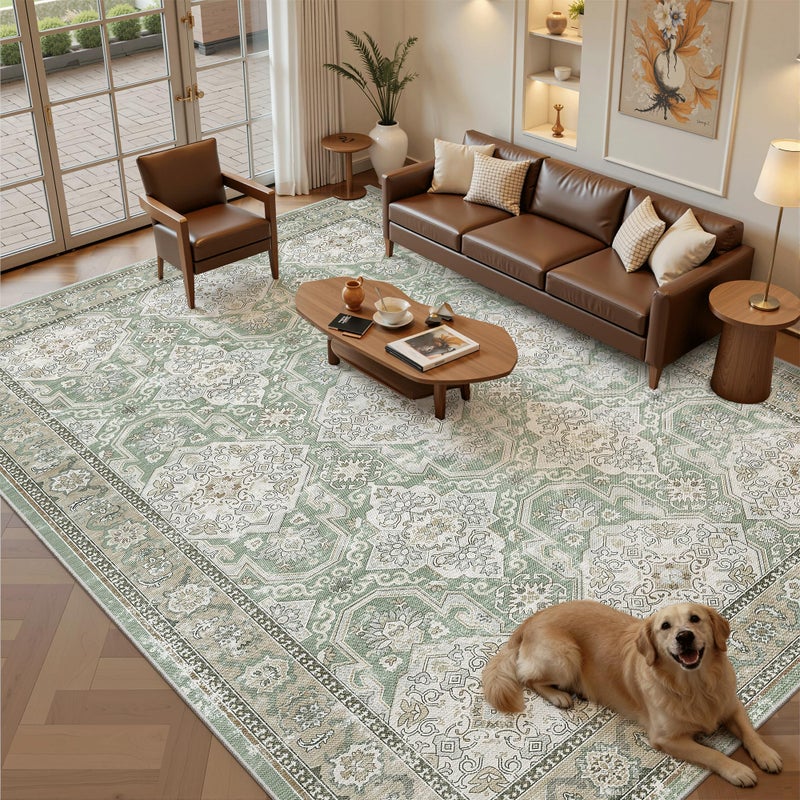 Soalmost 8x10 Area Rugs, Washable Rugs, Large Stain Resistant Area Rug for Living Room Bedroom Dining Room, Vintage Farmhouse Rug Green - Image 1