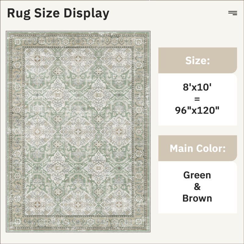 Soalmost 8x10 Area Rugs, Washable Rugs, Large Stain Resistant Area Rug for Living Room Bedroom Dining Room, Vintage Farmhouse Rug Green - Image 5