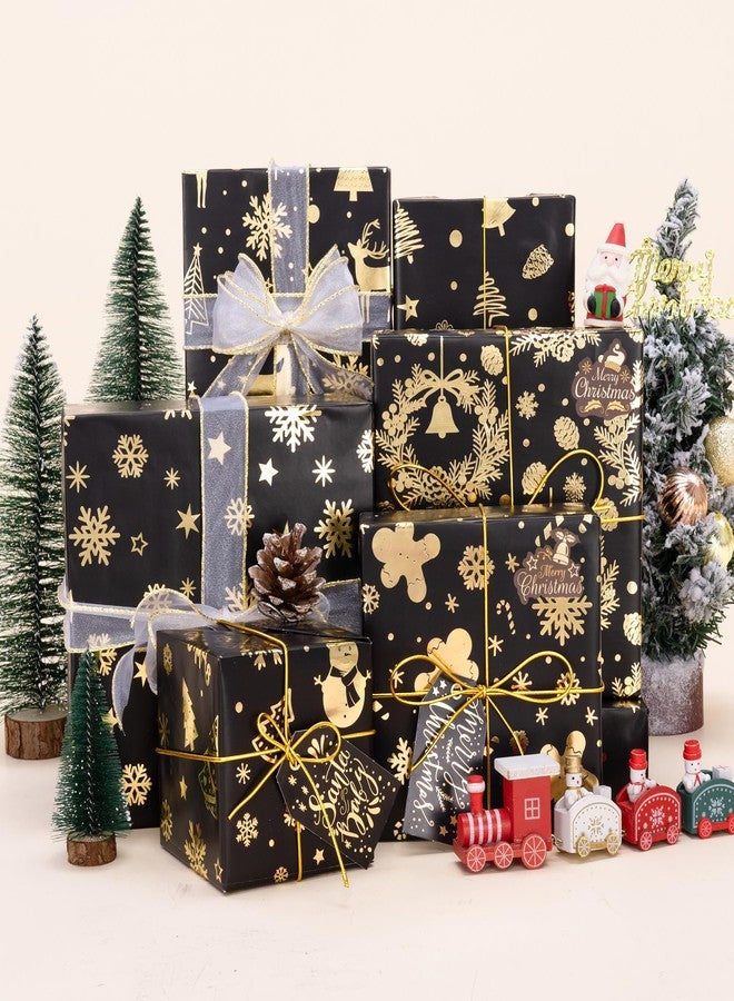Rancco Christmas Wrapping Paper, Black and Gold Wrapping Paper, Christmas Tree Snowflake Reindeer Glitter Foil Xmas Wrap papers for New Year, Party, Birthday, Wedding, Holiday, 6 Pcs 29.5x19.6in - Image 2