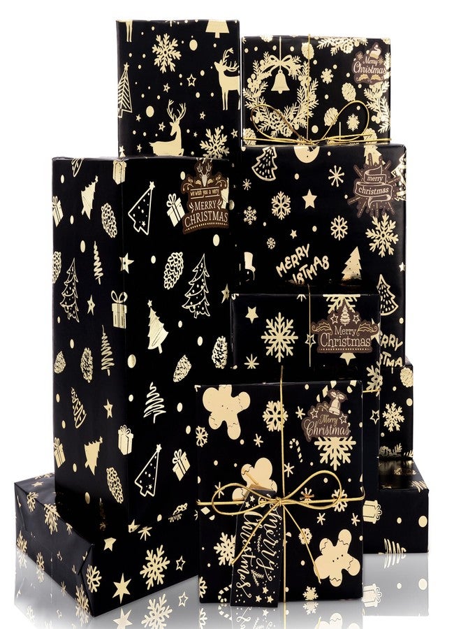 Rancco Christmas Wrapping Paper, Black and Gold Wrapping Paper, Christmas Tree Snowflake Reindeer Glitter Foil Xmas Wrap papers for New Year, Party, Birthday, Wedding, Holiday, 6 Pcs 29.5x19.6in - Image 1