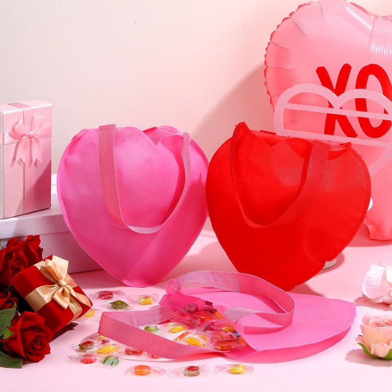 Locmeo 24 Pcs Valentine's Day Gift Bags Heart Shaped goodies Treat Candy Bags with Handle Reusable Non Woven Red Pink party favor Handbags for Valentine's Day Gift Exchange, Party Supplies, Wedding - Image 3