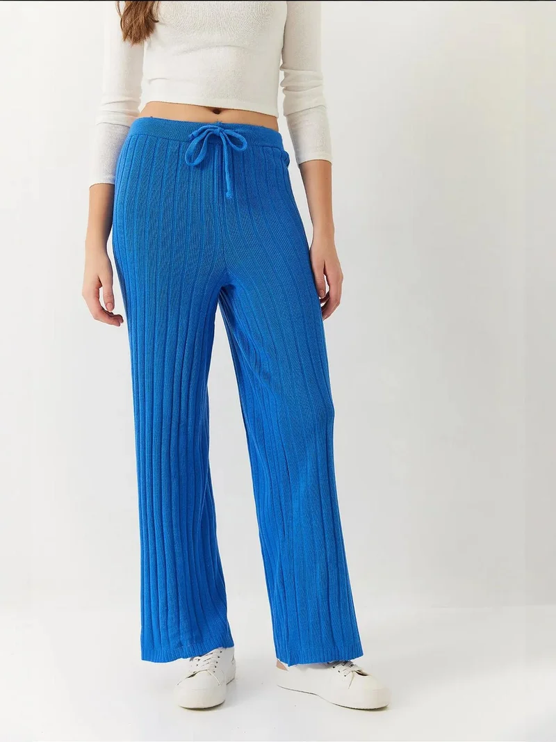 Bianco Lucci Moroccan Blue LUCCI Textured Palazzo Pants with Drawstring Closure for Women | Best Price UAE