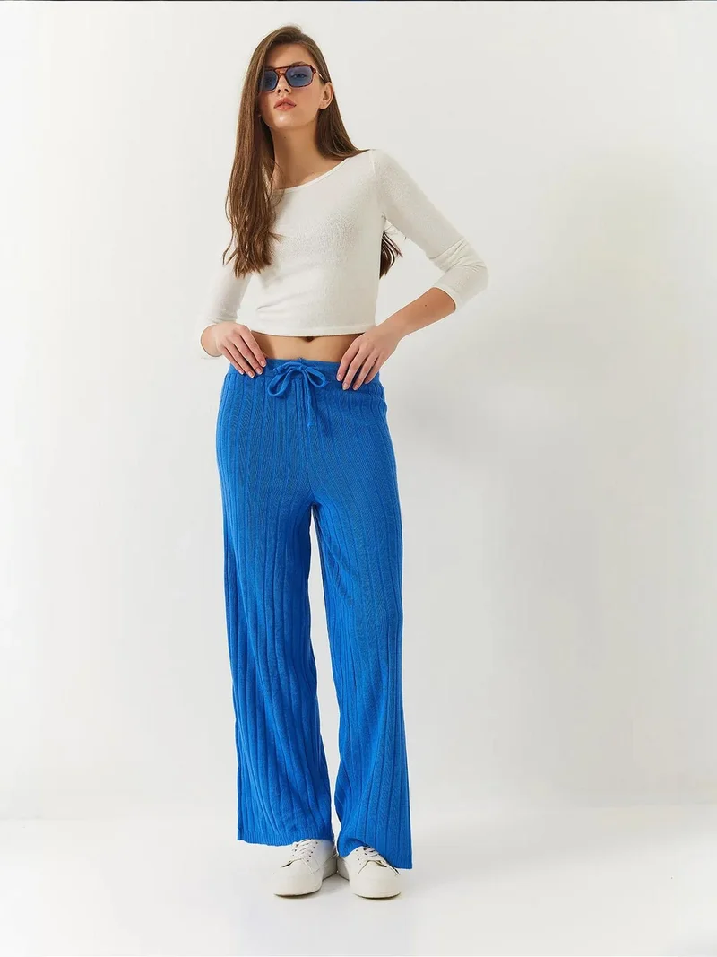 Bianco Lucci Moroccan Blue LUCCI Textured Palazzo Pants with Drawstring Closure for Women | Best Price UAE