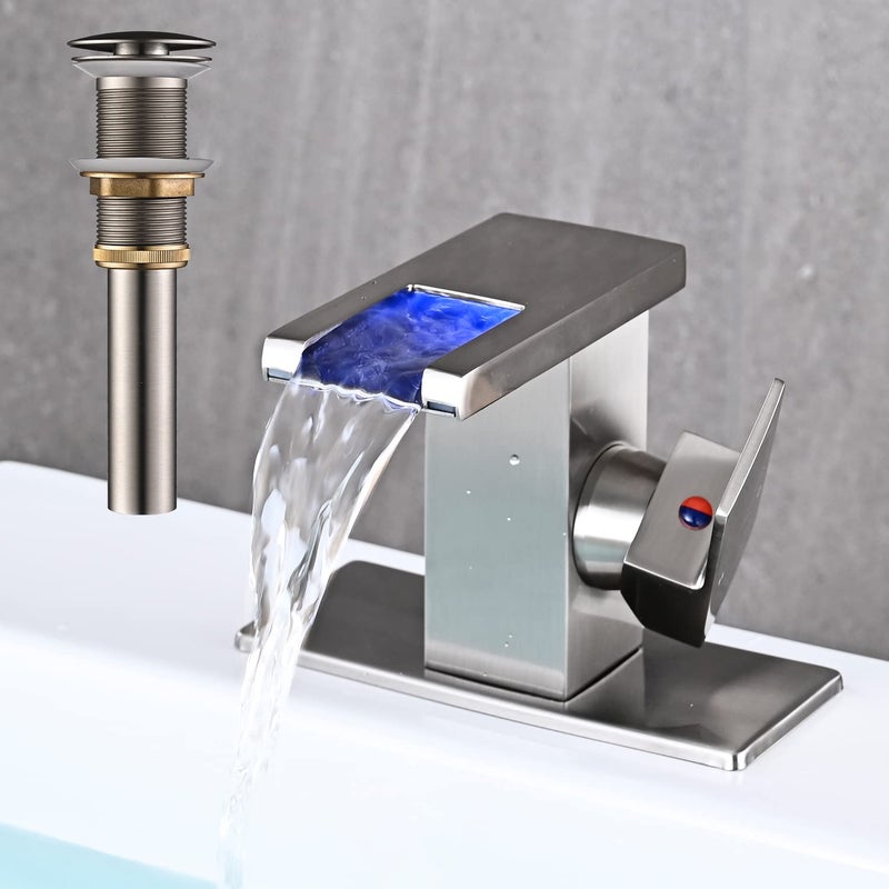 AVSIILE LED Bathroom Sink Faucet, Brushed Nickel Waterfall Single Hole Handle Vanity Faucets for Sinks 1 Hole with Metal Pop Up Drain and 2 Water Supply Lines, Side Handle - Image 1