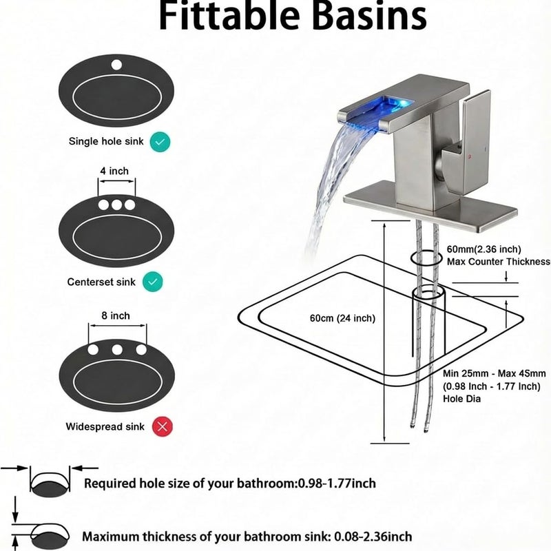 AVSIILE LED Bathroom Sink Faucet, Brushed Nickel Waterfall Single Hole Handle Vanity Faucets for Sinks 1 Hole with Metal Pop Up Drain and 2 Water Supply Lines, Side Handle - Image 3