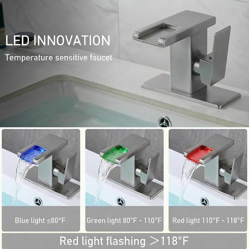 AVSIILE LED Bathroom Sink Faucet, Brushed Nickel Waterfall Single Hole Handle Vanity Faucets for Sinks 1 Hole with Metal Pop Up Drain and 2 Water Supply Lines, Side Handle - Image 2