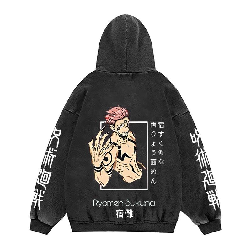 440g Heavy Washed Old Jujutsu Kaisen Printed Street Retro Sweatshirt Street Tide Hat Sweatshirt 10 retro black (back map)