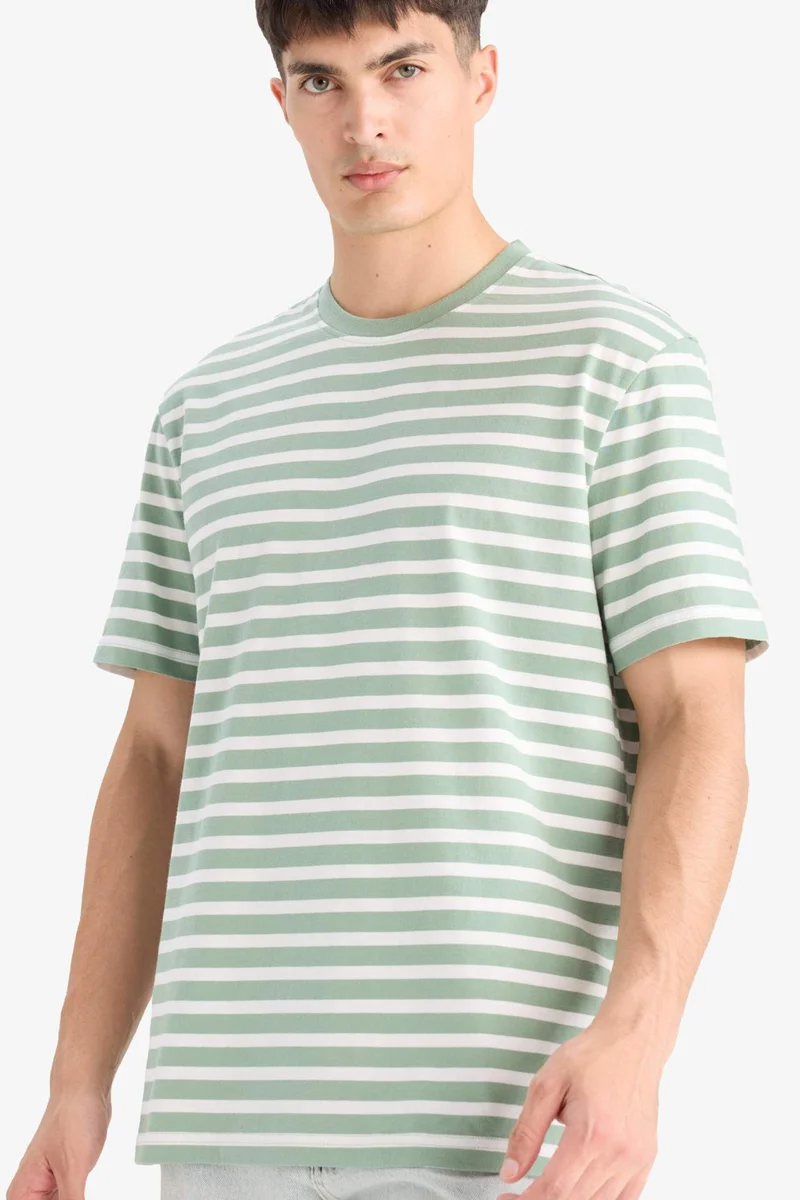 ديفاكتو Regular Fit Crew Neck Cotton Striped T-Shirt