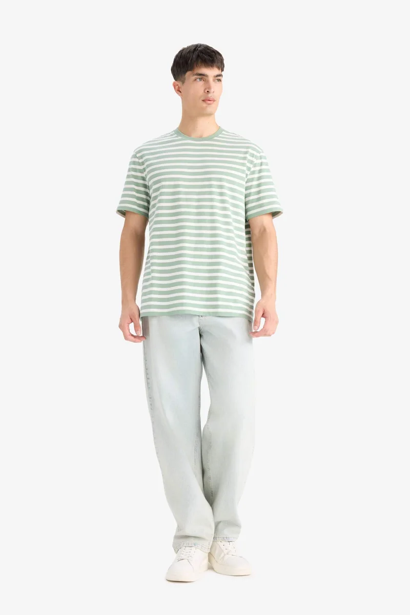 ديفاكتو Regular Fit Crew Neck Cotton Striped T-Shirt