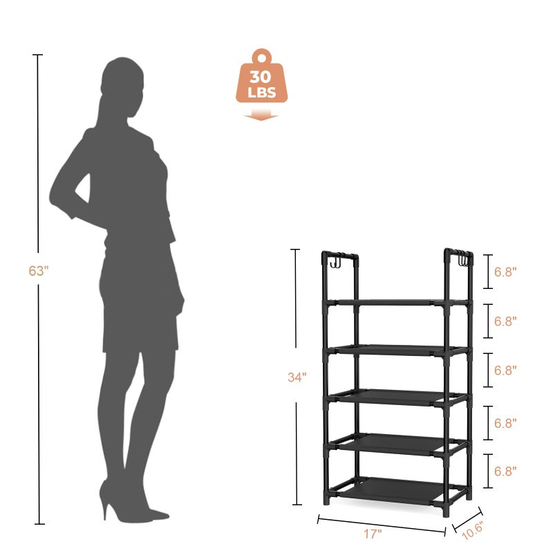 LANTEFUL 5 Tiers Shoe Rack 12-15 Pairs Boots Organizer Storage Sturdy Narrow Shoe Shelf for Entryway, Closets with Hooks, Black - Image 3