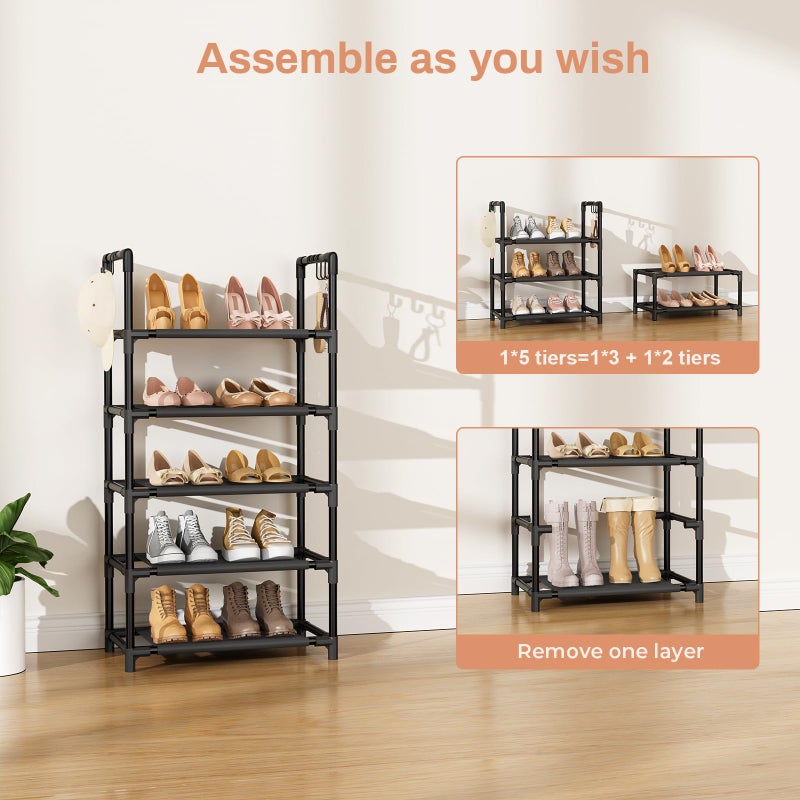 LANTEFUL 5 Tiers Shoe Rack 12-15 Pairs Boots Organizer Storage Sturdy Narrow Shoe Shelf for Entryway, Closets with Hooks, Black - Image 5