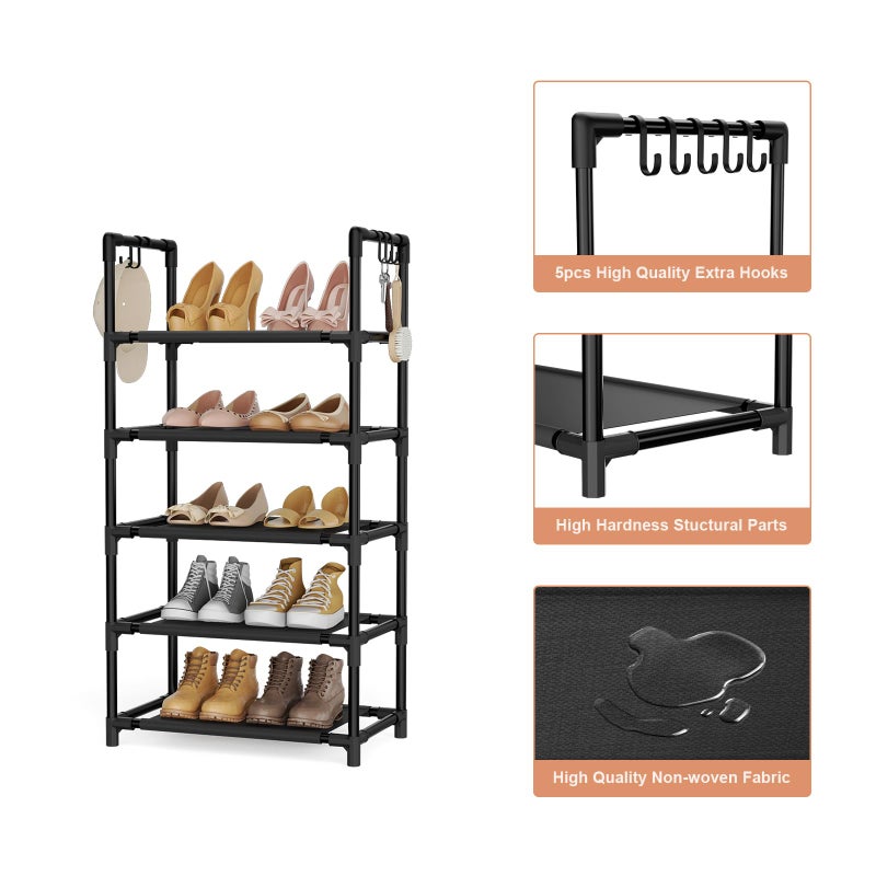 LANTEFUL 5 Tiers Shoe Rack 12-15 Pairs Boots Organizer Storage Sturdy Narrow Shoe Shelf for Entryway, Closets with Hooks, Black - Image 4