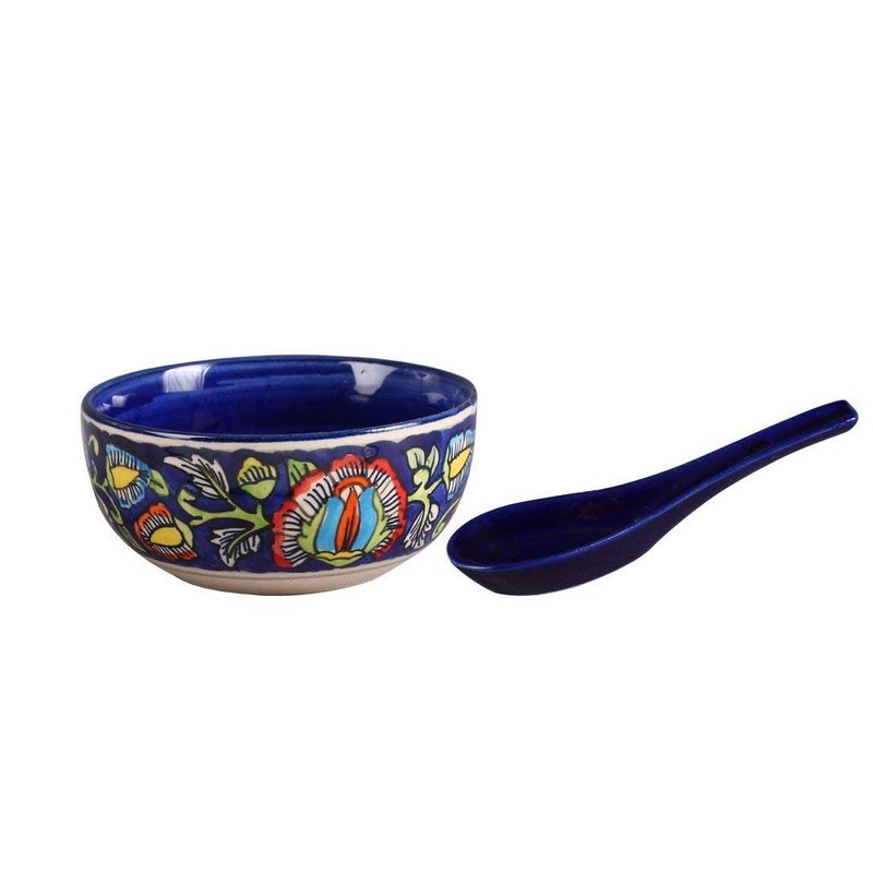 Caffeine Ceramic Handmade Blue Jaipuri Soup Bowl with Spoon (Set of 1)