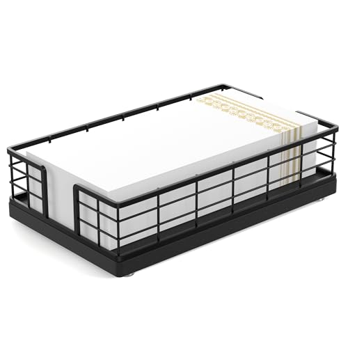 Wican Guest Towel Holder Tray for Bathroom Oak and Iron Napkins Holder for Powder Room Dinning Table Wooden Basket for Disposable Paper Hand Towels Matte Black - Image 1