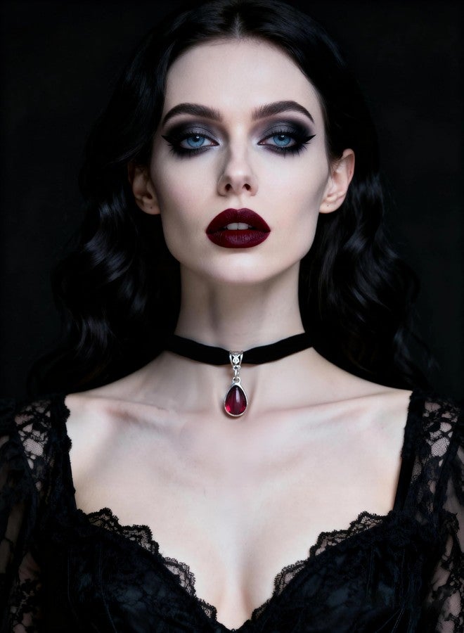 INENIMARTJ Gothic Dark Vampire Velvet Choker Necklaces for Women Black Choker Necklace Red Black Blood Crystal Pendant Witch Necklace Vintage Goth Jewelry Halloween Costume Accessories AQ1 - Image 3