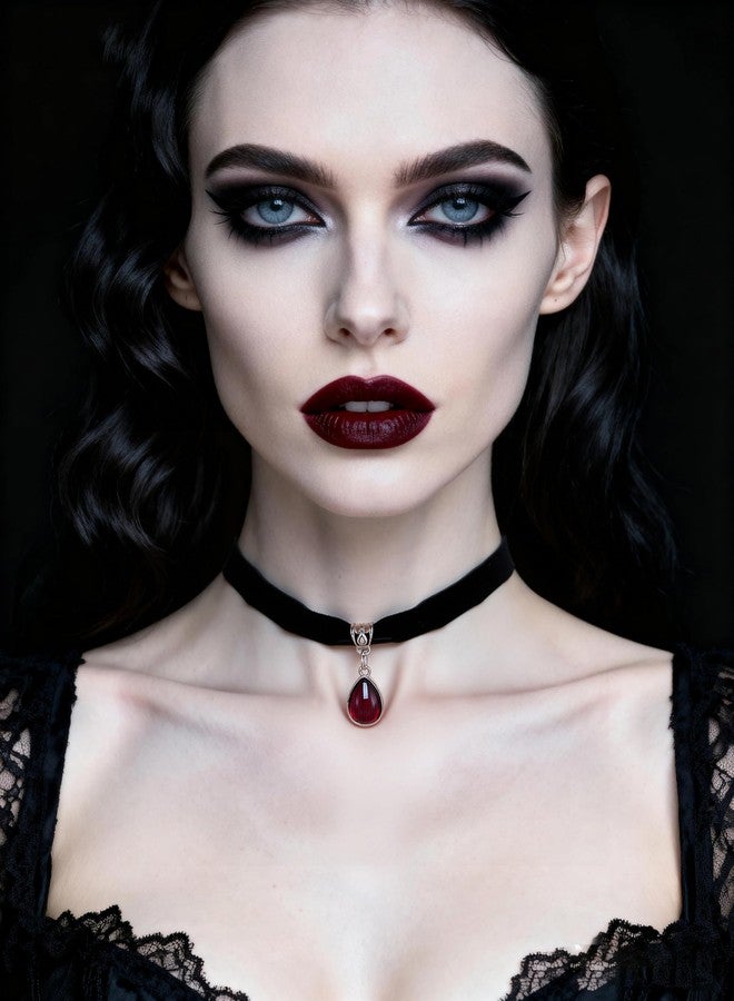 INENIMARTJ Gothic Dark Vampire Velvet Choker Necklaces for Women Black Choker Necklace Red Black Blood Crystal Pendant Witch Necklace Vintage Goth Jewelry Halloween Costume Accessories AQ1 - Image 2