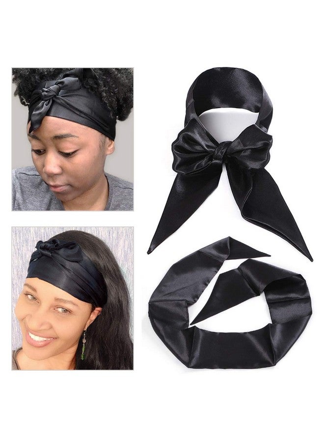 Leeven 2 Pcs Silky Satin Edge Scarves 4.5”X54” Large Wig Grip Band Women Satin Headband For Lace Front Wigs Non Slip Hair Wrap Black Satin Edge Laying Scarf For Makeup Facialsportyoga - Image 1