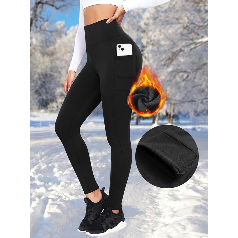 Women's winter fleece-lined thermal leggings for workout and yoga, black high-waist warm trousers with pockets, thickened thermal underwear suitable for 020 - Image 2
