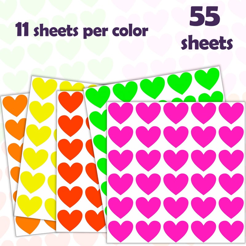 YSHIHE Fluorescent Heart Stickers, 1650 Pieces, Neon Colors, 3/4 Inch Mini Labels, 55 Sheets for Party, Gift Packaging, Decorating - Image 3