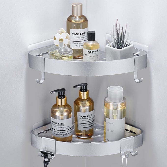 ADHESIVE CORNER SHOWER CADDY WITH HOOKSBATHROOM SHOWER ORGANIZER NO DRILLING RUST PROOF ALUMINUM SHOWER SHELF FOR INSIDE SHOWER 2 PACK SILVER