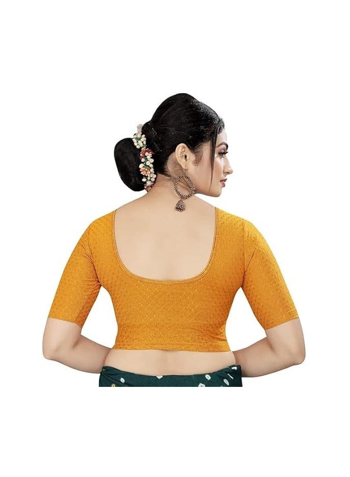 مملكة الإكسسوارات بلوزة ساري جاهزة من أكسسورايز كينجدوم برقبة دائرية وأكمام على شكل كوع من القطن والليكرا قابلة للتمدد للنساء أنيقة - Image 2