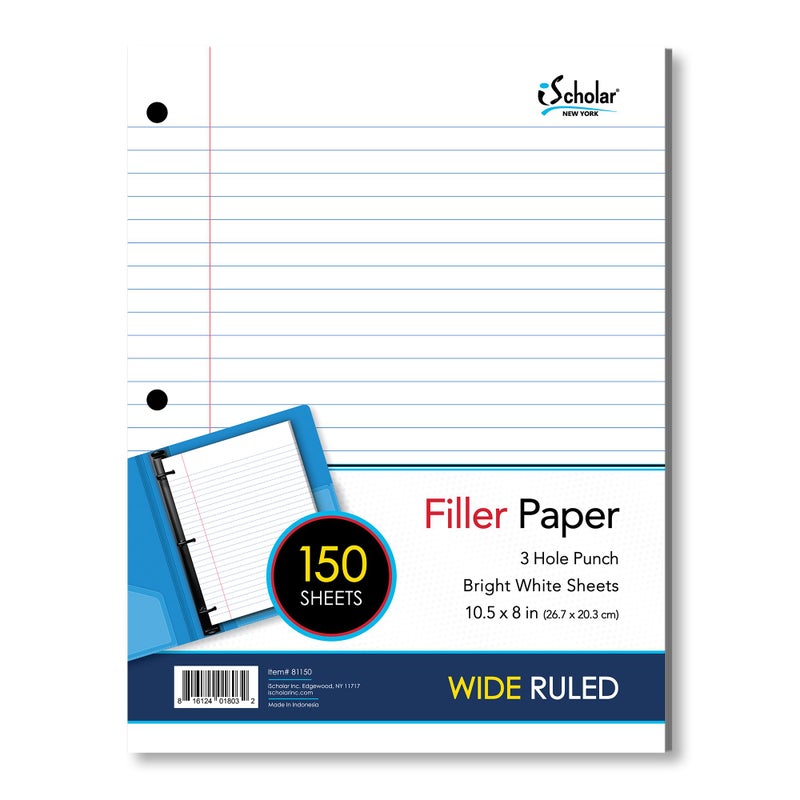 iScholar Wide Ruled Filler Paper, White, 10.5 x 8-Inches, 150 Sheets per Pack (81150) - Image 1