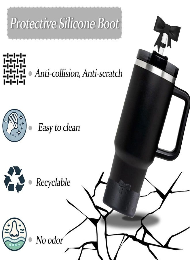 Lnulyaciy Bow Silicone Protective Boot for Stanley Cup 20/30/40Oz, Bow Straw Cover Topper with 10mm/0.4in, Compatible 12-24Oz Hydroflask Tumbler and More Bottles 2.83-3in Bottom (Black Set) - Image 2