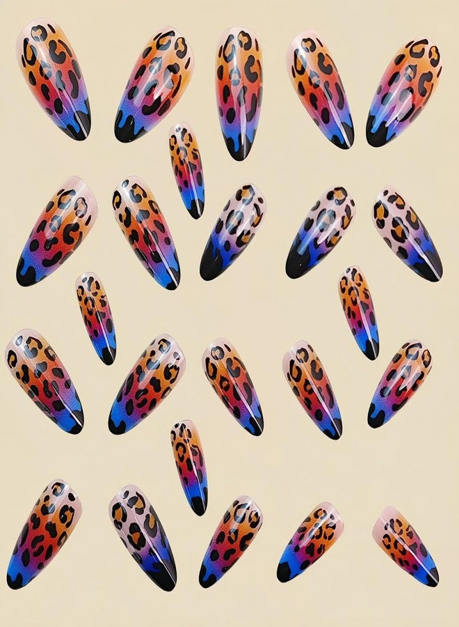 HJKDSFD Medium Press on Nails Almond Shaped Fake Nails Blue Orange Gradient Glue on Nails Leopard Print False Nails with Designs French Tip Acrylic Artificial Reusable Nails for Women Girls 24Pcs - Image 2