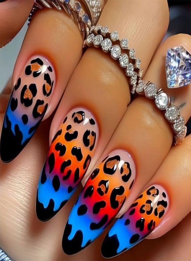 HJKDSFD Medium Press on Nails Almond Shaped Fake Nails Blue Orange Gradient Glue on Nails Leopard Print False Nails with Designs French Tip Acrylic Artificial Reusable Nails for Women Girls 24Pcs - Image 1