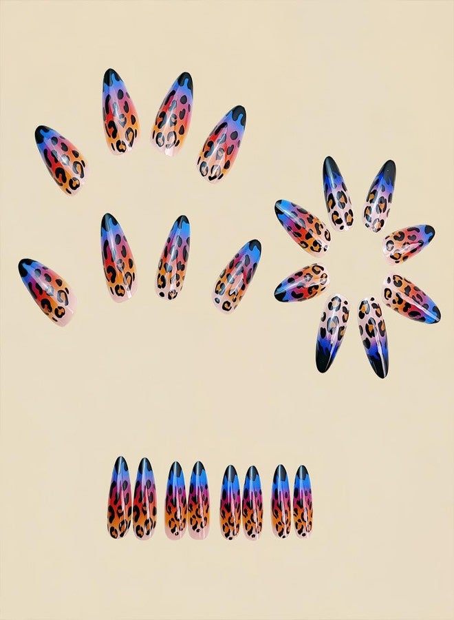 HJKDSFD Medium Press on Nails Almond Shaped Fake Nails Blue Orange Gradient Glue on Nails Leopard Print False Nails with Designs French Tip Acrylic Artificial Reusable Nails for Women Girls 24Pcs - Image 3