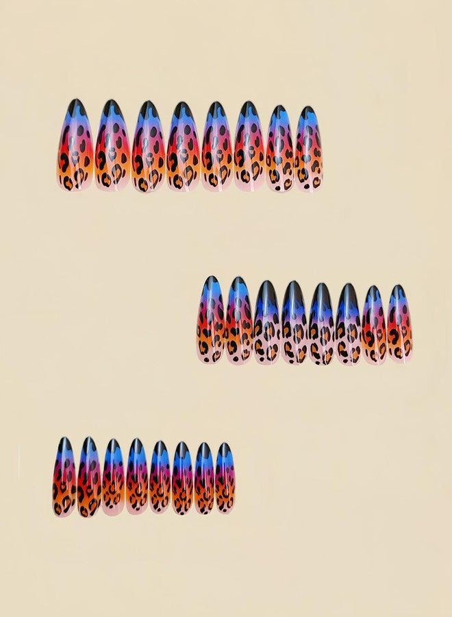 HJKDSFD Medium Press on Nails Almond Shaped Fake Nails Blue Orange Gradient Glue on Nails Leopard Print False Nails with Designs French Tip Acrylic Artificial Reusable Nails for Women Girls 24Pcs - Image 4
