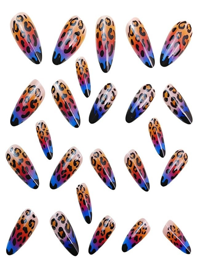 HJKDSFD Medium Press on Nails Almond Shaped Fake Nails Blue Orange Gradient Glue on Nails Leopard Print False Nails with Designs French Tip Acrylic Artificial Reusable Nails for Women Girls 24Pcs - Image 5