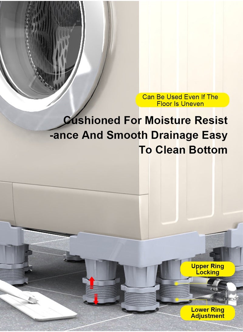 Upgraded Length Adjustable Double Tube Washing Machine Base, Refrigerator Stand with Movable Roller, Grey - 12 Strong Feet & 4 Locking Rubber Swivel