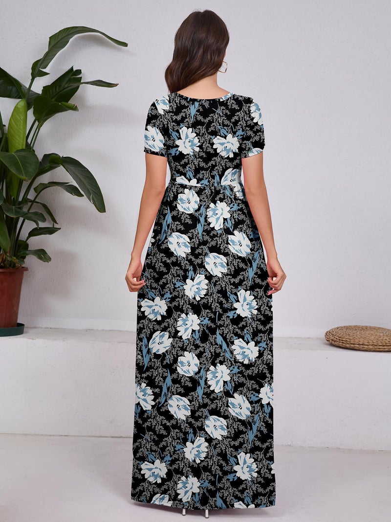 DEARCASE Women's Short Sleeve Maxi Dresses Floral Lily Black Small Loose A-line Casual Party Vintage Spring Summer Flowy Beach Sundress Hawaiian Boho Vacation Casual Long Dress with Pockets - Image 2