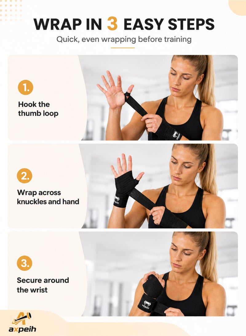 Axpeih Boxing Hand Wraps for Men & Women 5M Stretch Cotton Wrist Support Bandages for Muay Thai MMA Kickboxing Gym Training Knuckle Protection with Hook & Loop Closure - Image 3