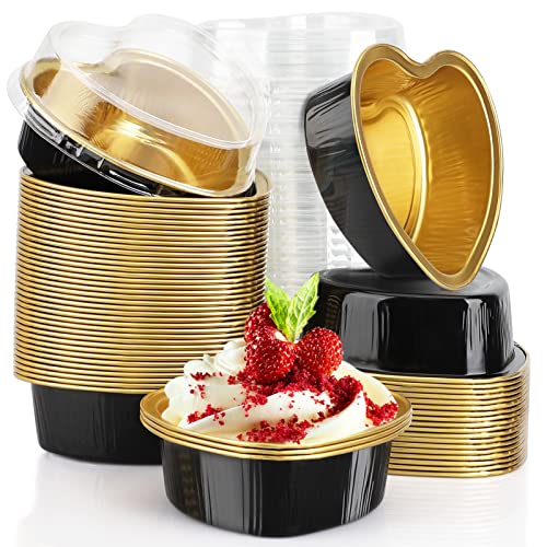 EUSOAR 34oz 50pcs Aluminum Foil Heart Shaped Baking Pans Cups with Lids Snacks Desserts Flan Cupcake Pie Ramekin for Wedding Party FavorBlack Gold